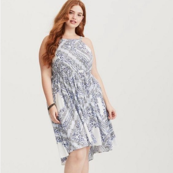 New torrid blue/white Midi Challis High Neck Dress size 00 - Picture 1 of 10